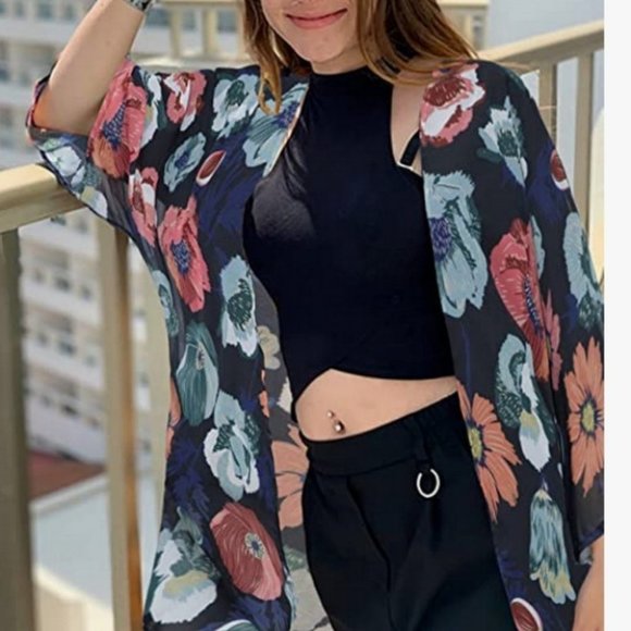 Casual Floral Print Loose Cover Up Kimono Cardigan Blouse Top Black - Picture 3 of 4